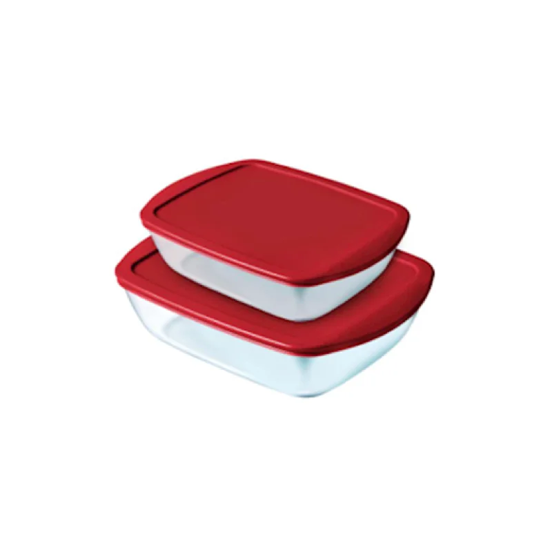  -Splash-proof food bowl AND Anti-choking slow food bowlPyrex Cook & Store Rectangular with Lid, Set of 2 -1.1L & 2.5L, Red, 913S339