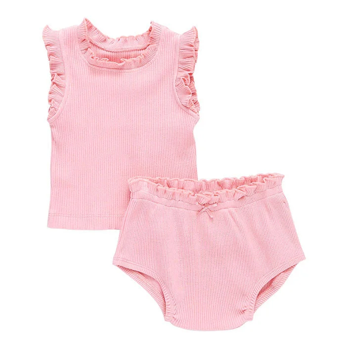 ---Pink Chicken Baby Organic Ruffle Rib 2-Piece Set - Peony