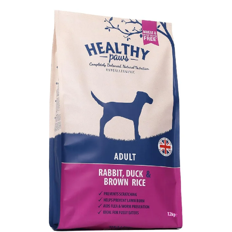 - Hypoallergenic dog foodHealthy Paws Rabbit Duck & Brown Rice Adult Dog Food 12kg