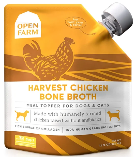 - Remote interactive pet feederOpen Farm Bone Broth, Food Topper for Both Dogs and Cats with Responsibly Sourced Meat and Superfoods Without Artificial Flavors or Preservatives, 12oz (Harvest Chicken)