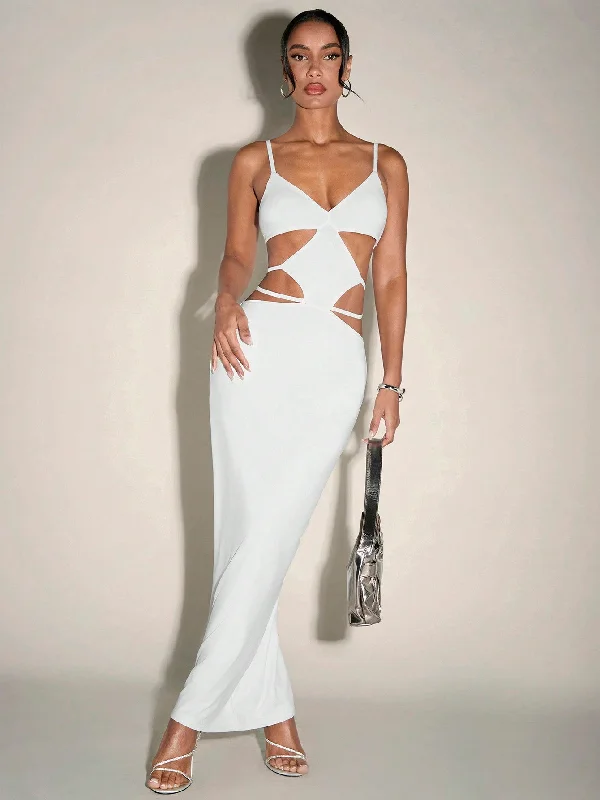 ---SHEIN BAE Solid White Halter Neck Long Dress For Evening Outings, With Large Cutouts And An Open Back; Perfect For Rave Festivals, Country Concerts, Summer Coords And Tops, Graduation Ceremonies, Dress Parties; Goes Well With Black Concert Women's Outfits